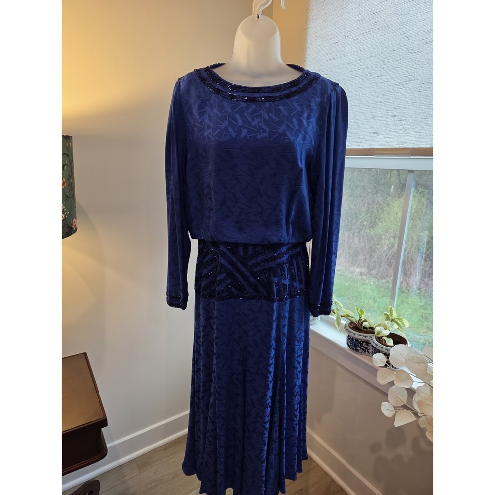 Vintage 80s Satin Print Royal Blue Maxi Cocktail Dress Open Back Sz.8/10 (M) - Picture 9 of 15